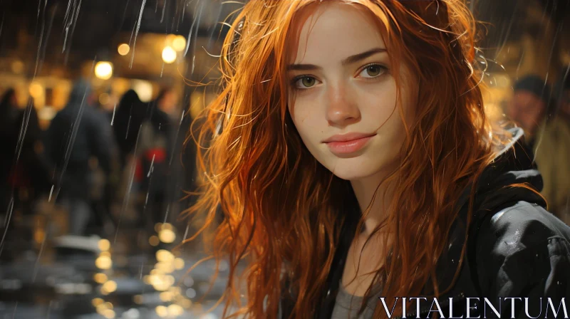 Rainy Portrait: Young Woman with Red Hair AI Image
