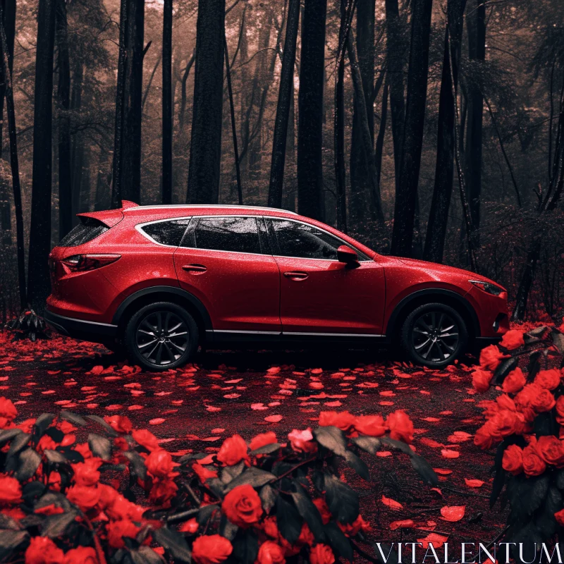 Red SUV in Flowers: Minimalist Monochromatic Landscapes AI Image