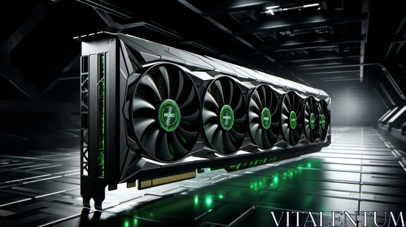 AI ART Shiny Black and Green Computer Graphics Card with Four Fans