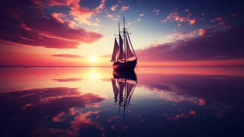 Tranquil Sunset Scene with Sailing Ship