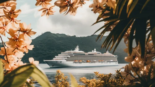 White Cruise Ship Sailing in Tropical Paradise
