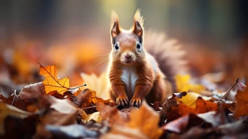 Curious Red Squirrel Among Autumn Leaves AI Image