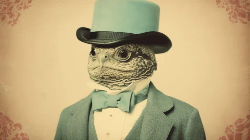 Elegant Green Iguana Portrait with Blue Top Hat and Bow Tie