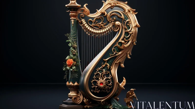 AI ART Golden Harp with Red Roses on Dark Background