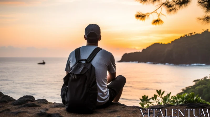 Man Sitting on Cliff Overlooking Sea at Sunset AI Image