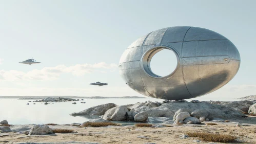 Metallic Sphere on Rocky Beach with Spaceship-like Objects