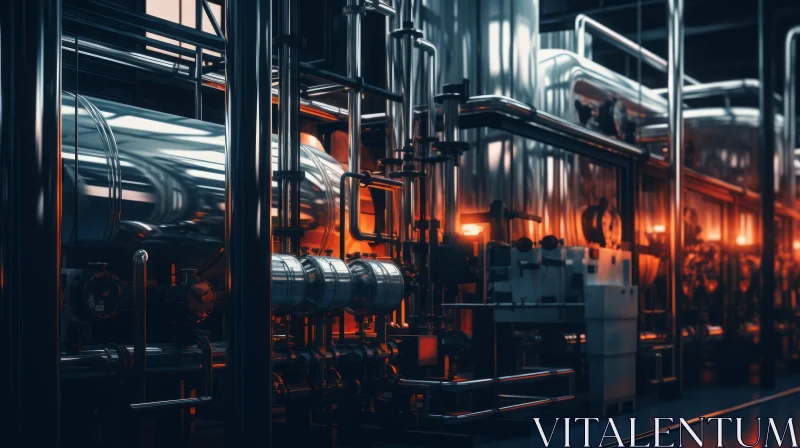 Mysterious Industrial Interior with Metal Pipes and Tanks AI Image