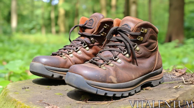 Rustic Brown Leather Hiking Boots in Forest Setting AI Image