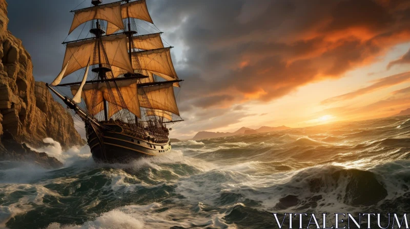 Sailing Ship on Rough Sea Digital Painting AI Image