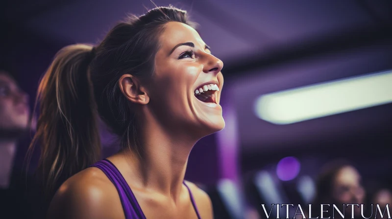 AI ART Smiling Woman in Purple Tank Top | Fitness Class Photo