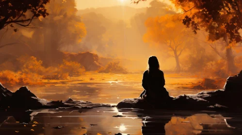 Tranquil Sunset Landscape with Woman by the Lake