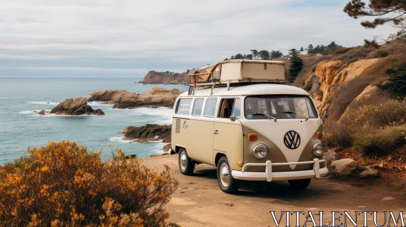 Vintage Volkswagen Type 2 on Cliff Overlooking Ocean AI Image