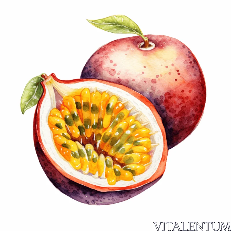 AI ART Watercolor Illustration of Freshly Cut Passion Fruit on White Background