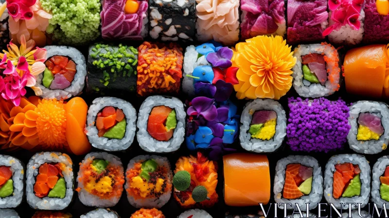 AI ART Colorful Sushi Rolls Arrangement on Black Background