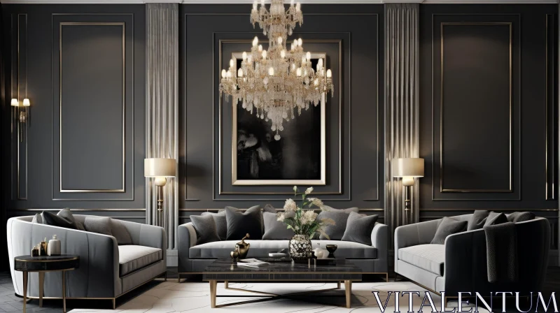 Elegant Living Room Decor with Chandelier and Flowers AI Image