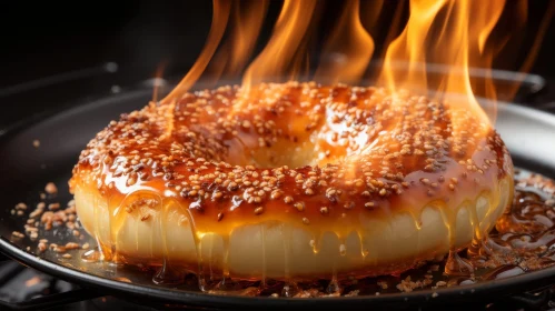 Fiery Glazed Donut with Sesame Seeds on Black Plate