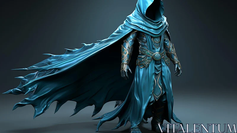 Mysterious Knight in Blue Cloak with Sword AI Image