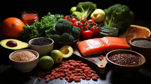 Nutritious Still Life of Healthy Foods on Wooden Table