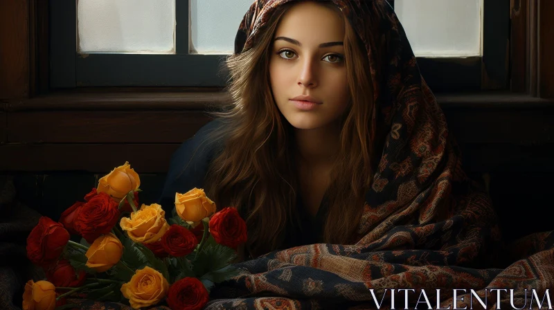 Serious Woman Portrait with Floral Headscarf AI Image
