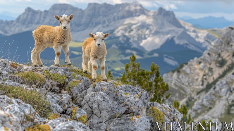 Two Lambs on Rocky Mountaintop - Snowy Background AI Image