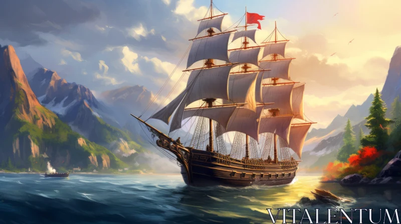 Wooden Ship Sailing on Rough Sea - Digital Painting AI Image