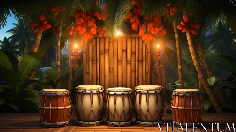 Bamboo Stage with Drums and Tropical Setting AI Image