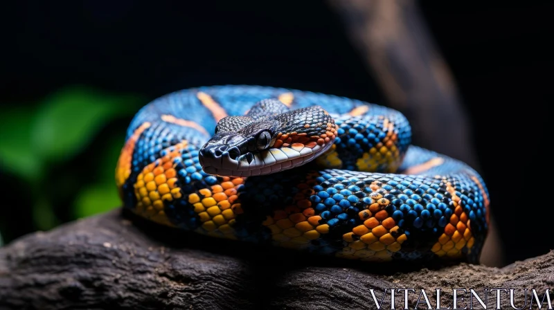 Blue and Orange Snake Coiled on Branch - Close-up Image AI Image