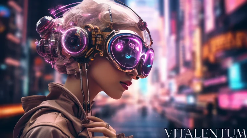 Confident Woman with Futuristic Headset in Urban Setting AI Image