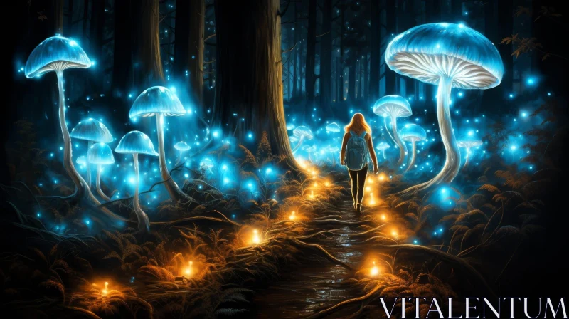 AI ART Enchanted Forest - Mystical Woman and Glowing Mushrooms