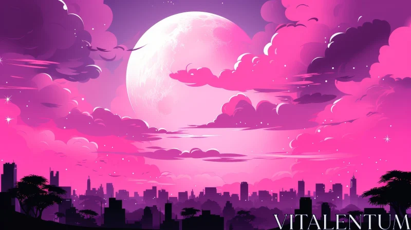 Pink Cityscape at Night with Moon AI Image