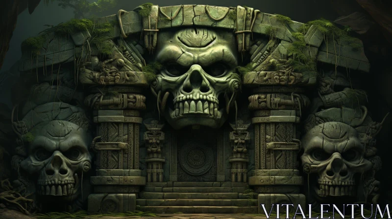 AI ART Temple Entrance Digital Painting with Skull Statues