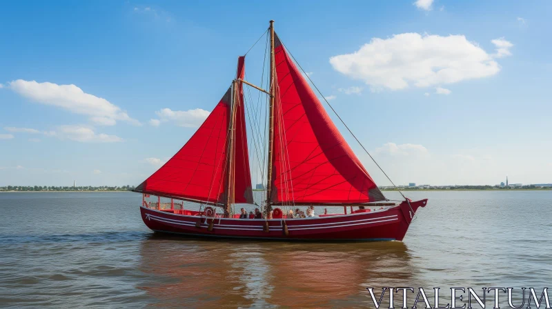 Tranquil Red Sailing Boat in Cityscape Waters AI Image
