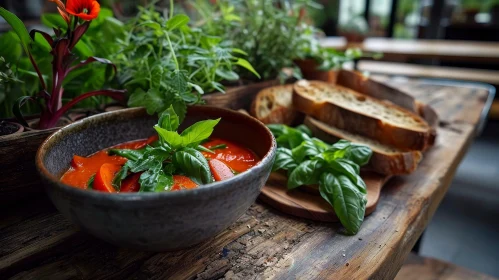 Delicious Tomato Soup with Fresh Basil on Wooden Table
