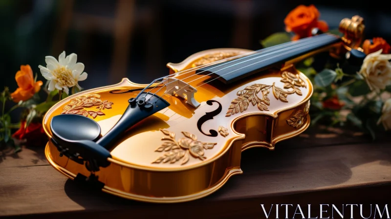 Exquisite Golden Violin with Floral Carvings on Wooden Surface AI Image