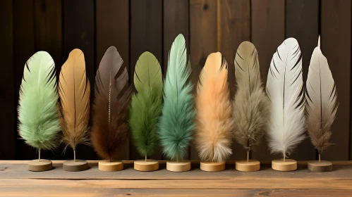 Feathers in Brown Shades on Wooden Background