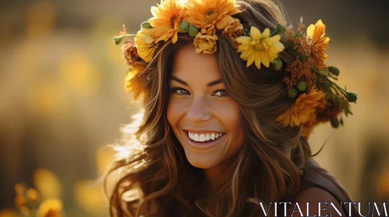 AI ART Joyful Woman with Yellow Flower Wreath Portrait