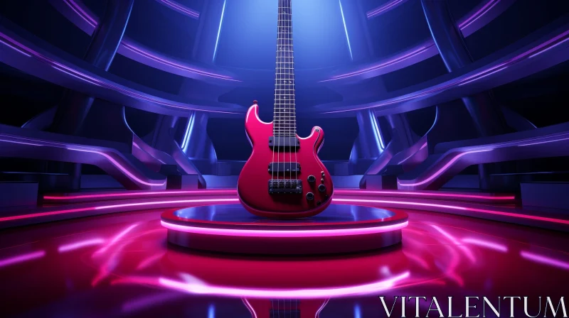 Red Electric Bass Guitar on Stage - 3D Rendering AI Image