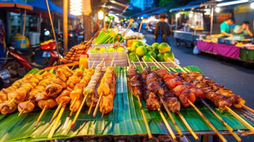 Street Food Market Scene with Grilled Meats and Vegetables