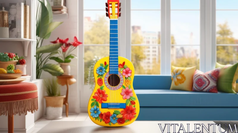 AI ART Yellow Guitar with Floral Patterns in Living Room