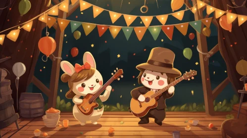 Cartoon Illustration: Rabbits Playing Guitars on Stage