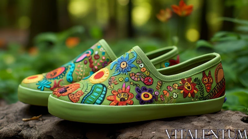 Colorful Embroidered Shoes in Green Forest AI Image
