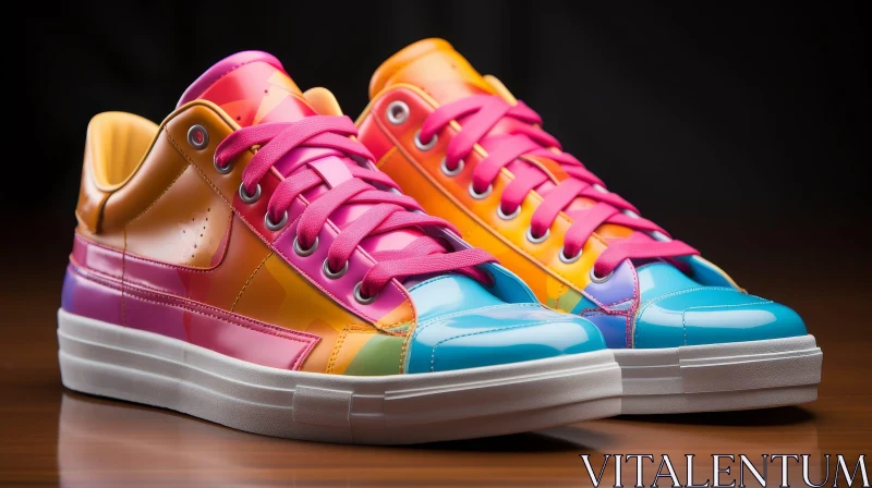 AI ART Colorful Sneakers with Pink Laces on Wooden Table