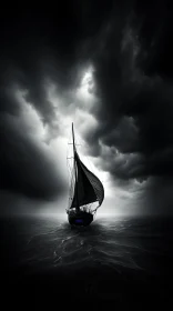 Dark Stormy Night Sailboat in Rough Waves