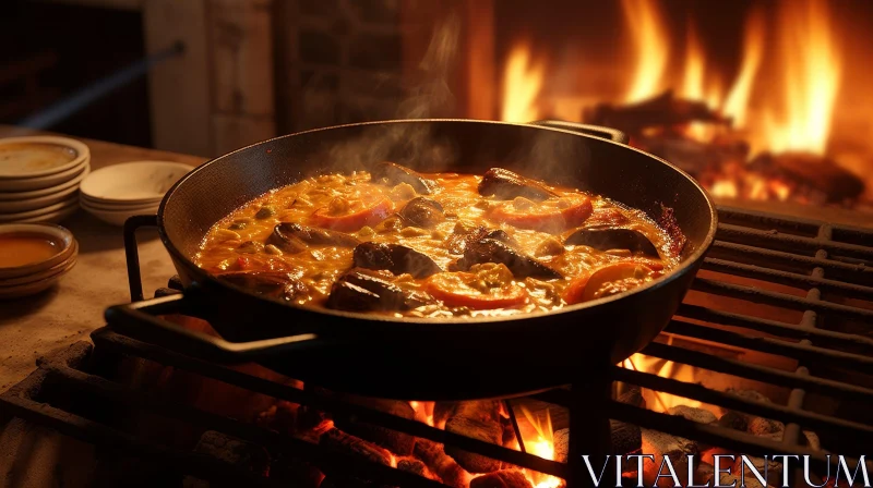 Delicious Paella Cooking Over Open Fire AI Image