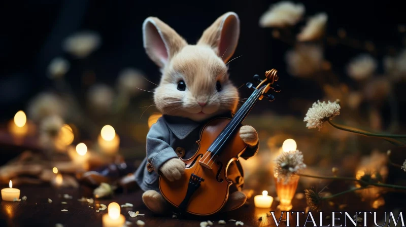 Enchanting Rabbit Playing Violin with Candles and Flowers AI Image