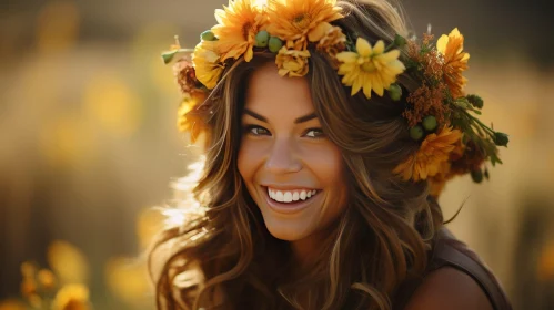 Joyful Woman with Yellow Flower Wreath Portrait