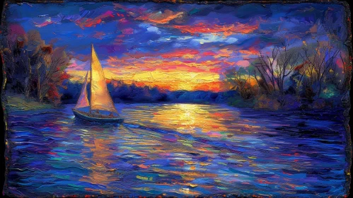 Sailboat on Lake at Sunset - Impressionistic Canvas Painting