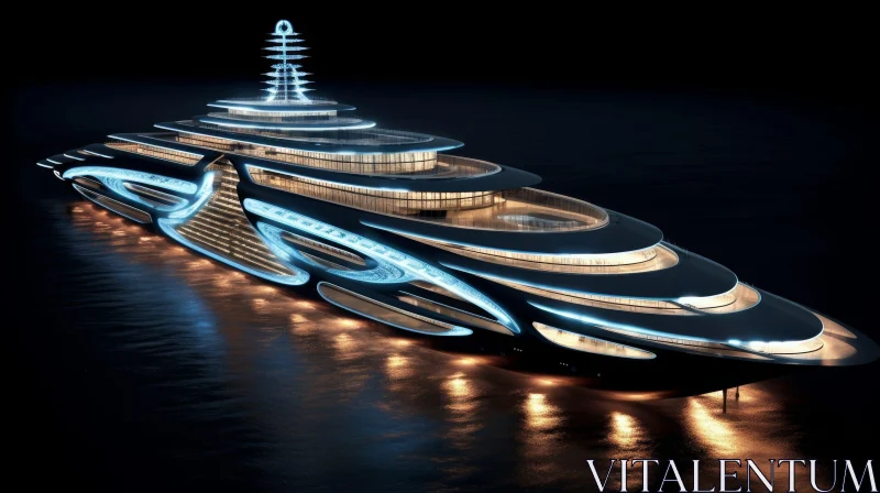 Sleek Futuristic Yacht Illuminated by Blue Lights AI Image