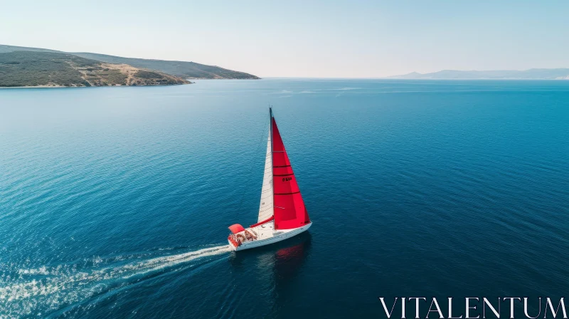 Tranquil Sailing Boat with Red Sails Along Coastline AI Image