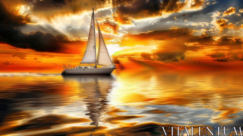 Tranquil Sunset Over Ocean with Sailboat AI Image